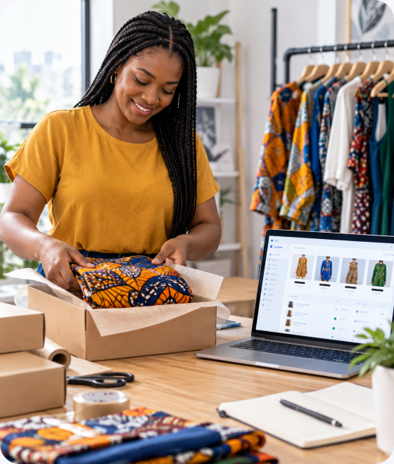 Boutique owner packing an order with a laptop open in front of her