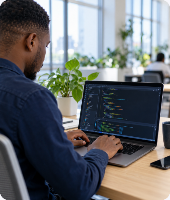 Developer working in VS Code Server from a browser, screen facing the camera