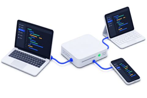Illustration of laptops, tablets and desktops all connecting to one private server