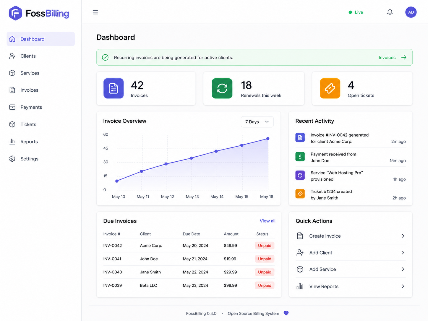 FossBilling dashboard for automated reseller billing