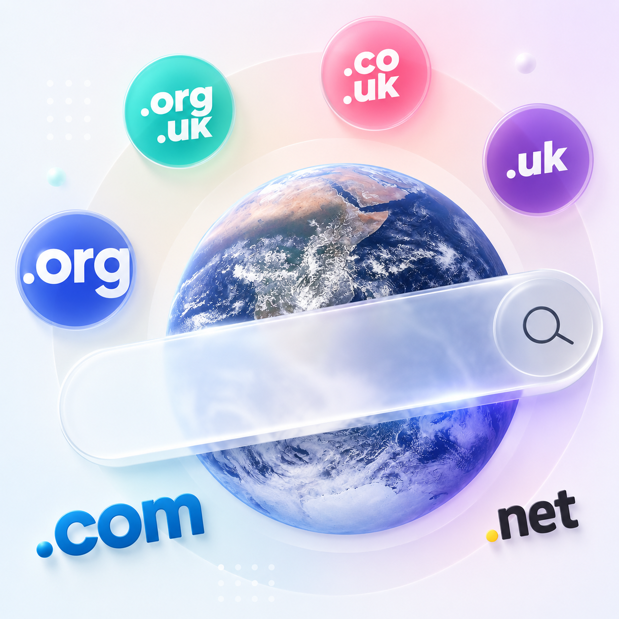 Popular domain extensions displayed around a domain search interface.