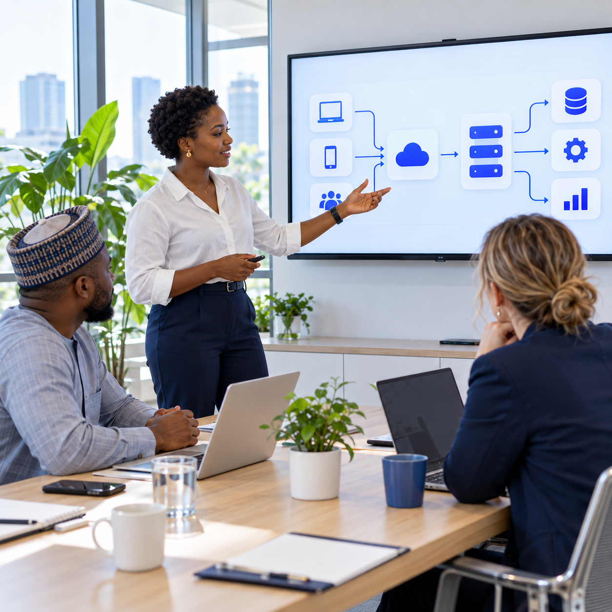 Engineer presenting a system architecture and handover plan to a client team