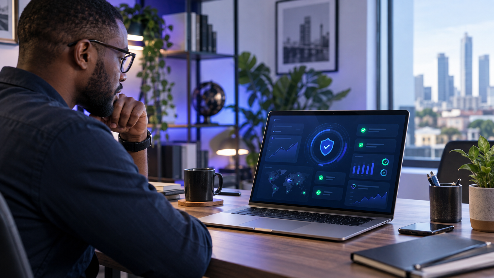 Business owner reviewing a website security dashboard