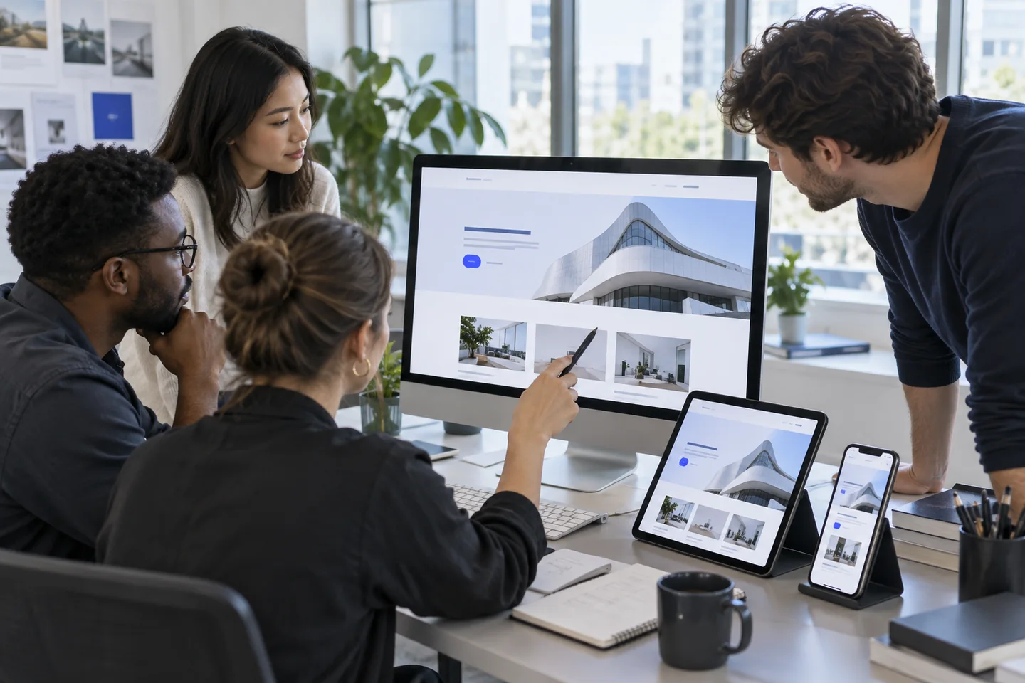 A web design team checking one website across desktop, tablet and mobile