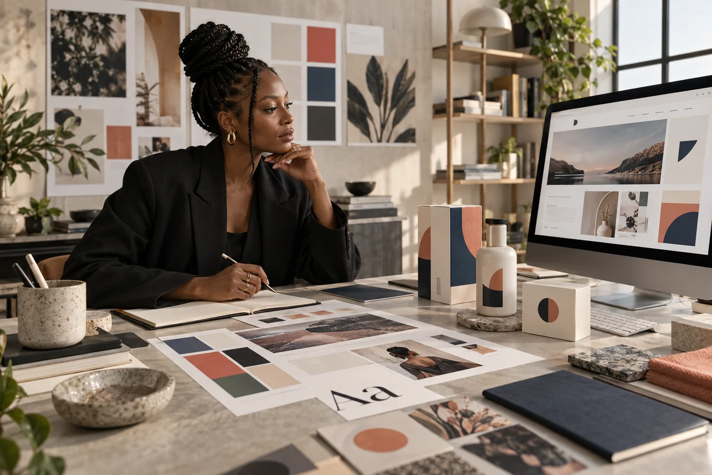 A creative director developing a visual identity system beside a website layout