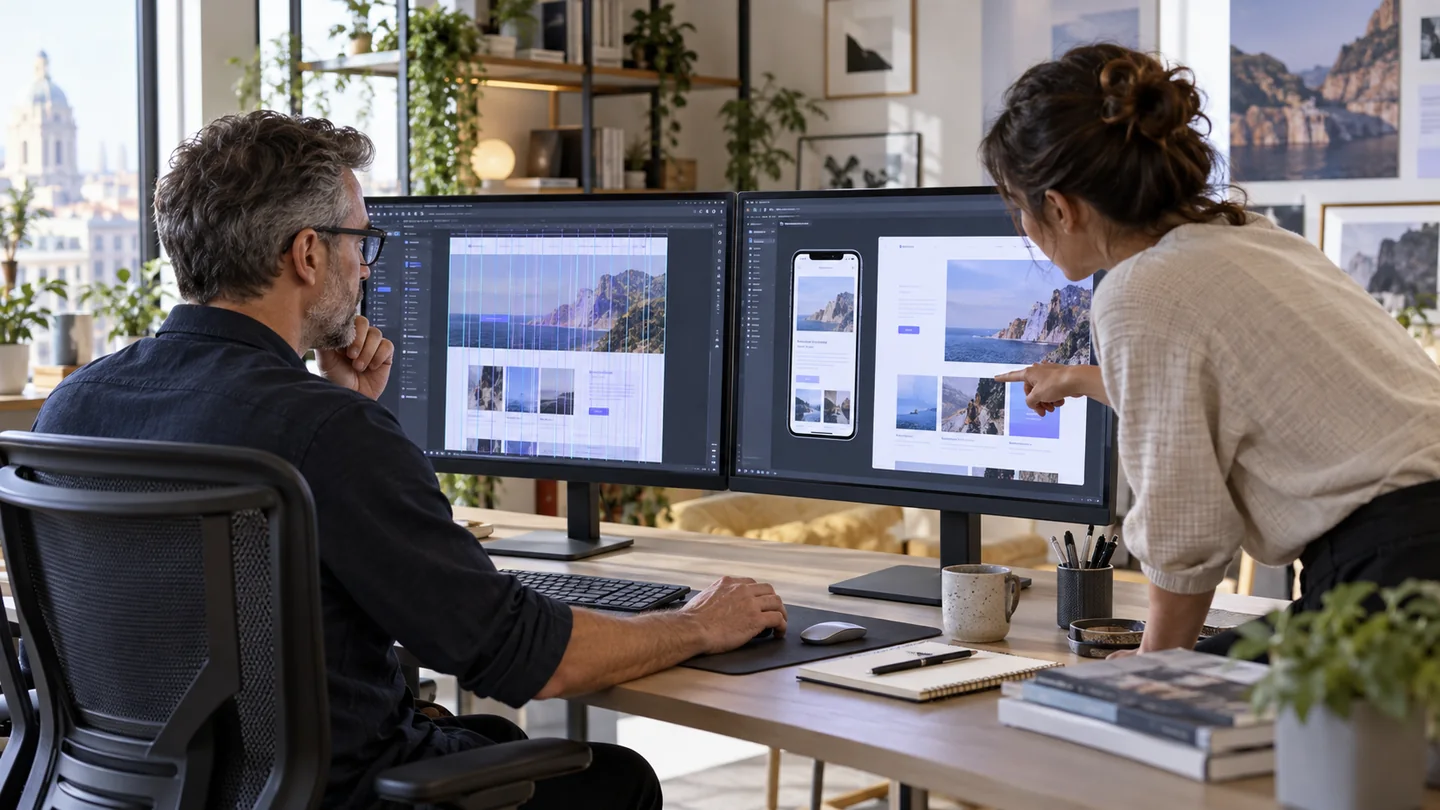 A designer and developer reviewing responsive website layouts on desktop and mobile screens