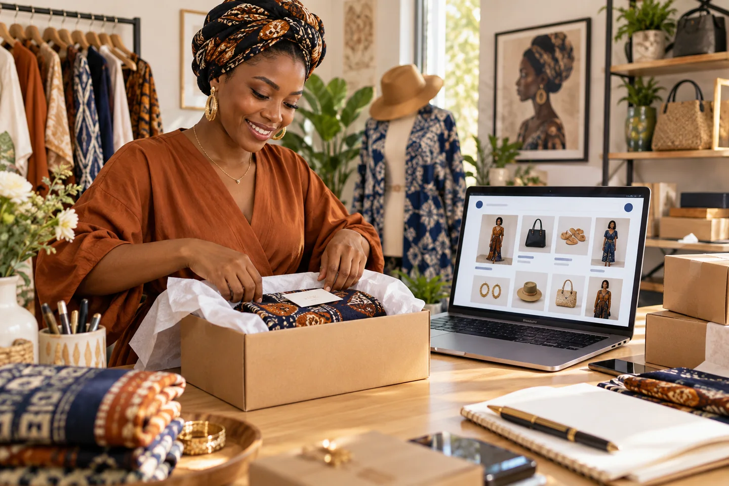 A Nigerian ecommerce founder packing an order beside her online shop