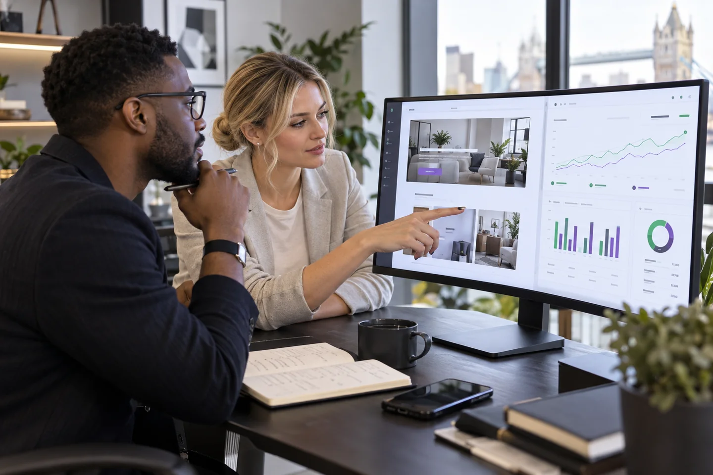 A marketing strategist and business owner reviewing a landing page and analytics dashboard