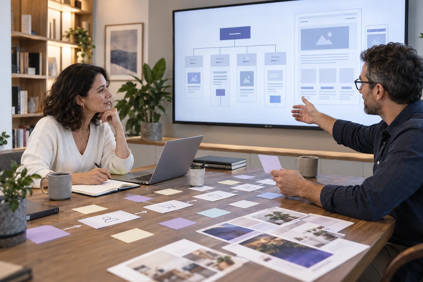 A founder and strategist mapping a website journey with wireframes and planning cards